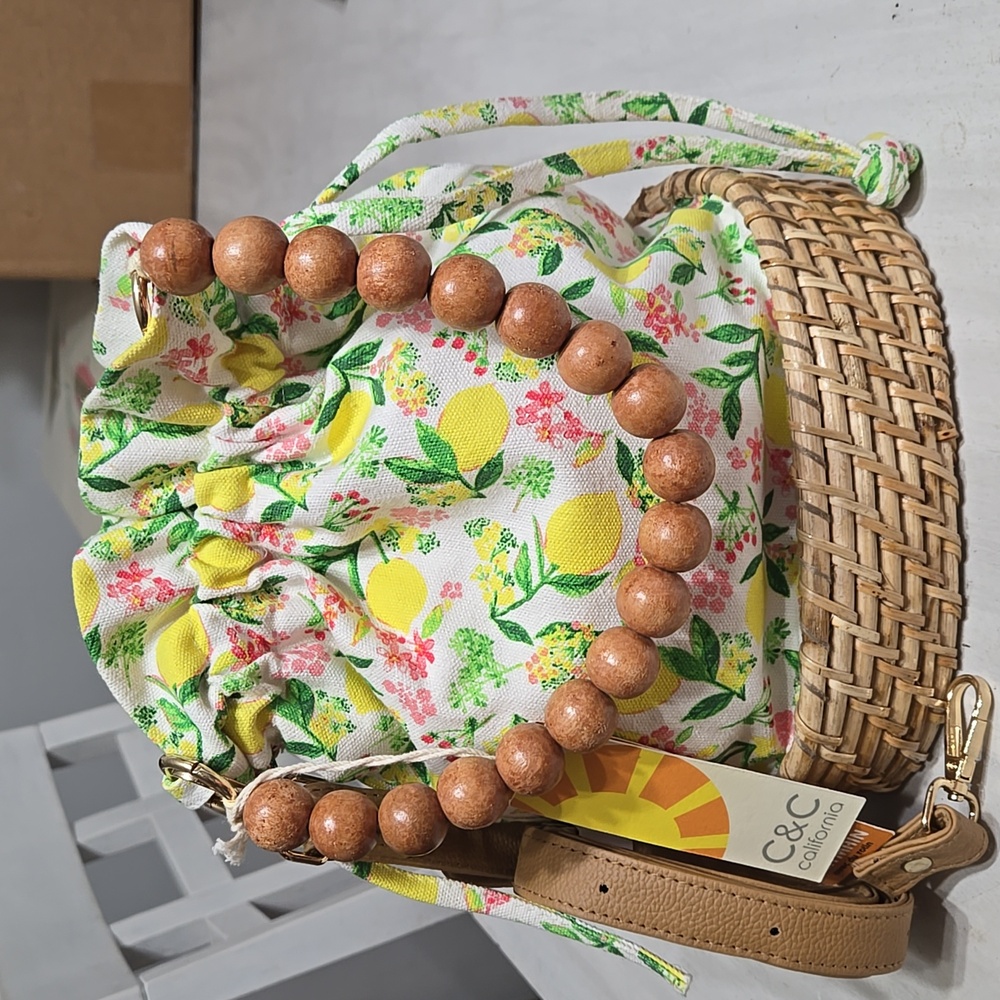C&C California Rattan Wicker Beaded Lemon Canvas Bucket Bag Handbag Purse